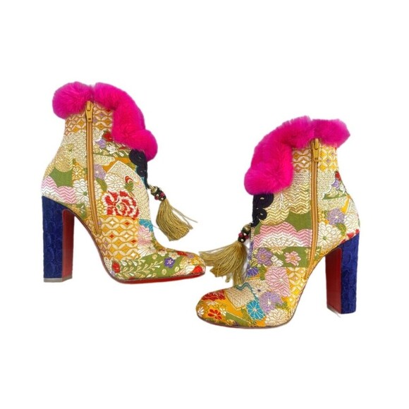 Christian Louboutin May Wong 100 Floral & Rabbit Fur Block Heel Booties - Picture 6 of 10